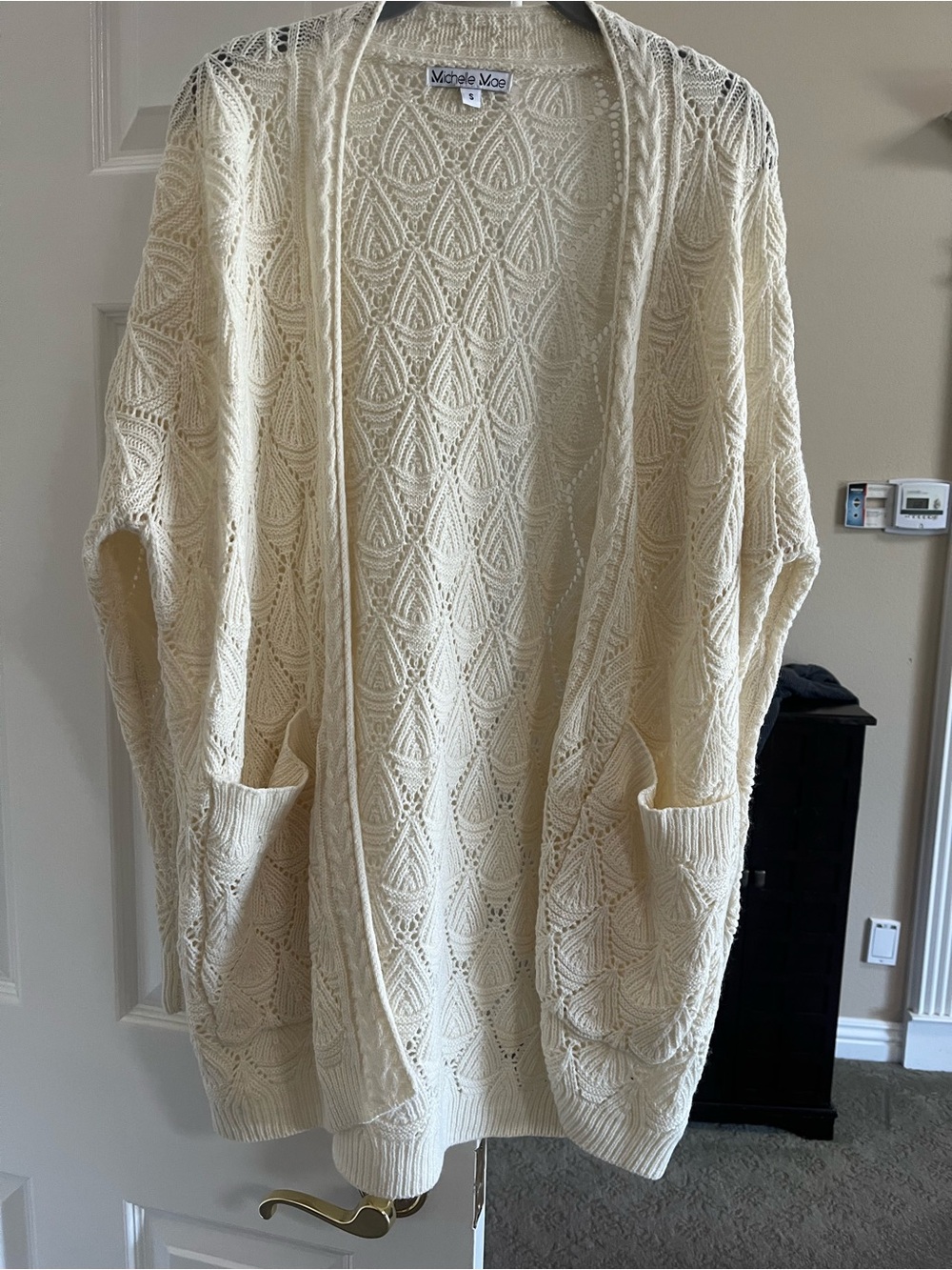Michelle Mae Cream Open-Front Crochet Knit Cardigan